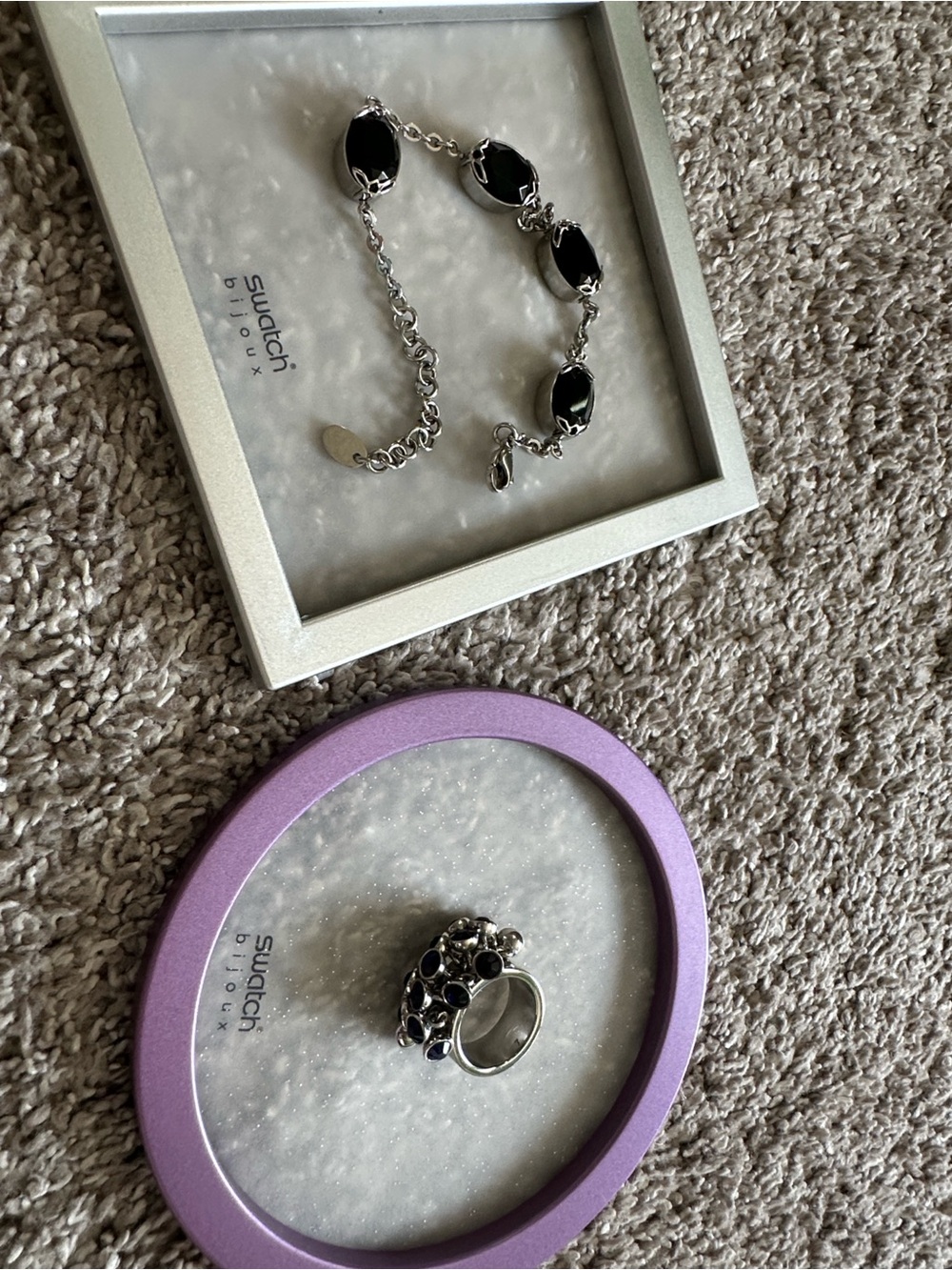 Swatch Silver-Tone Bracelet and Black Stone Cluster Ring